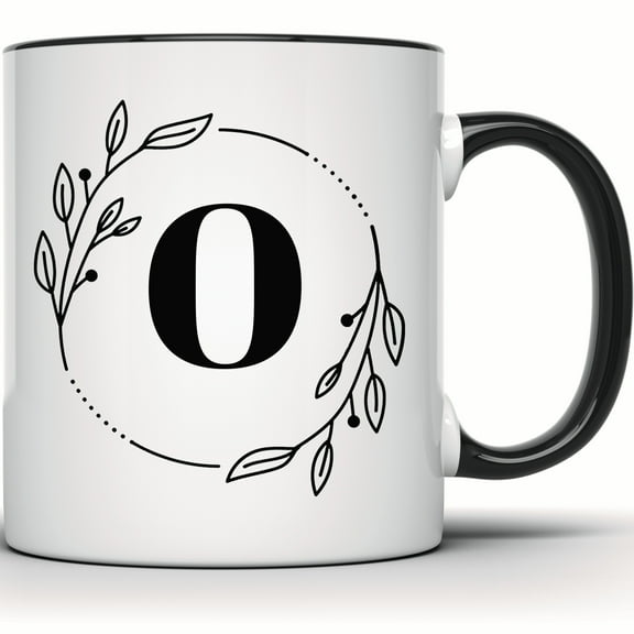 Initial O Mug - Floral Wreath Monogram Coffee Mug - Gift for Her - Custom Tea Mug - Personalized Letter O Mug - 11 Ounce Black Rim Handle Novelty Coffee Cup - WMUG0365-Black Rim