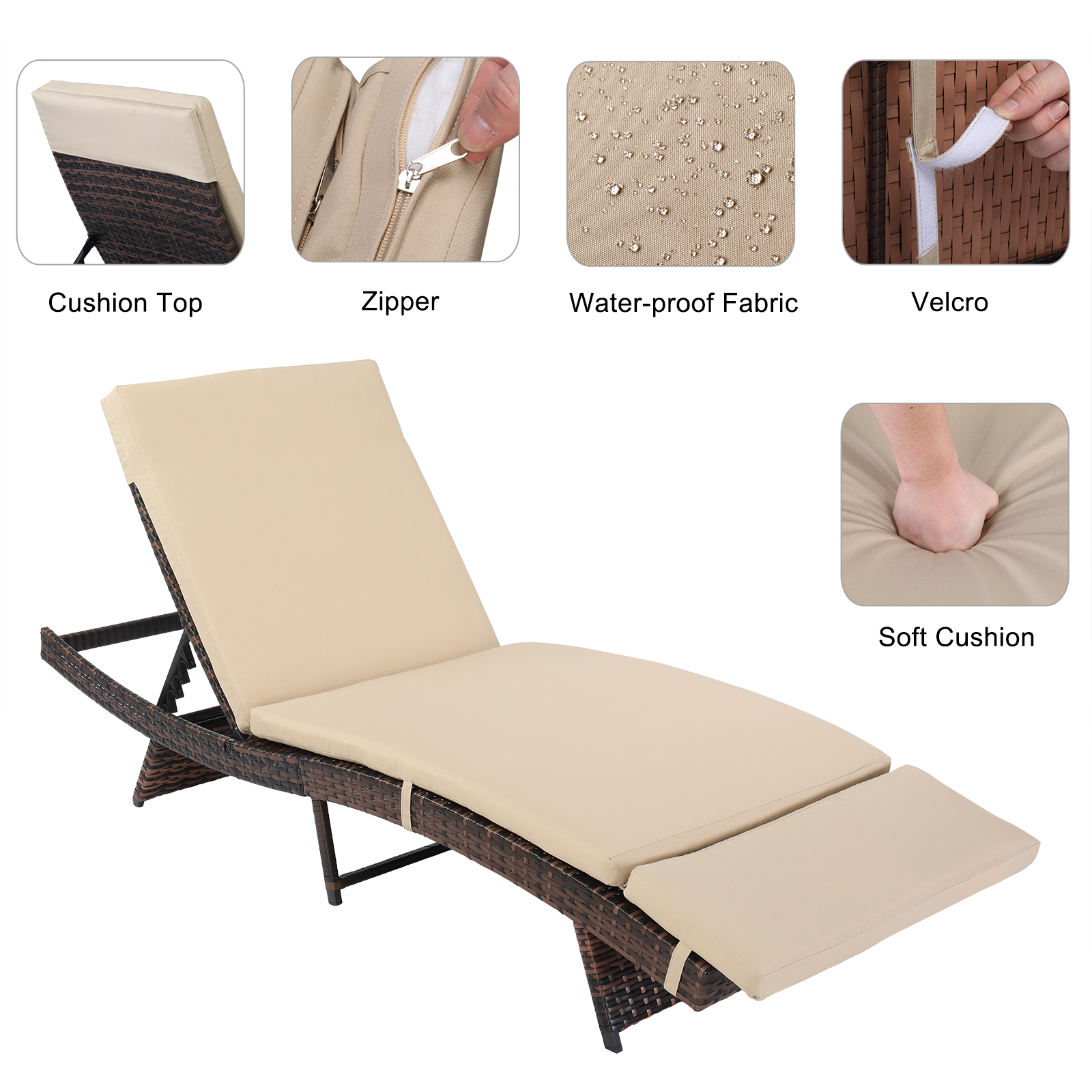 uhomepro Patio Rattan Lounge Chair Chaise Recliner, Outdoor Patio Furniture Set for Pool, Reclining Rattan Lounge Chair Chaise Couch Cushioned with Adjustable Back, Beige - image 4 of 10