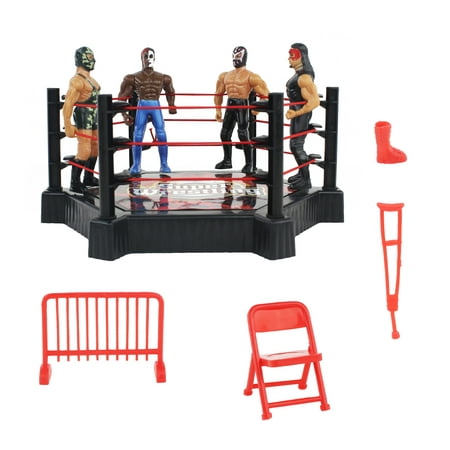 Wrestling Ring Action Figure Playset with Accessories, Wrestler Toys for Kids, Children, 4 Figures