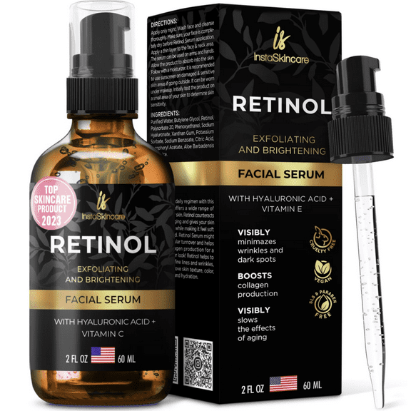 InstaSkincare Retinol Serum for Face (2 Oz) with Hyaluronic Acid   Vitamin E and A   Aloe Vera