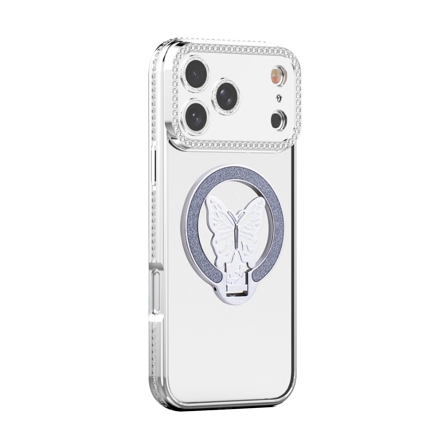 Stylish Shiny Butterfly Stand Case for iPhone 17 Pro - Silver