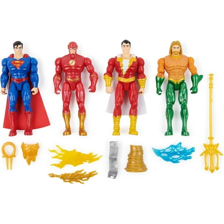 DC Comics, Action Figures 4-Pack, Superman, The Flash, Shazam!, Aquaman 4-inch Figures, Accessories, Superhero Kids Toys for Boys and Girls, Ages 3+