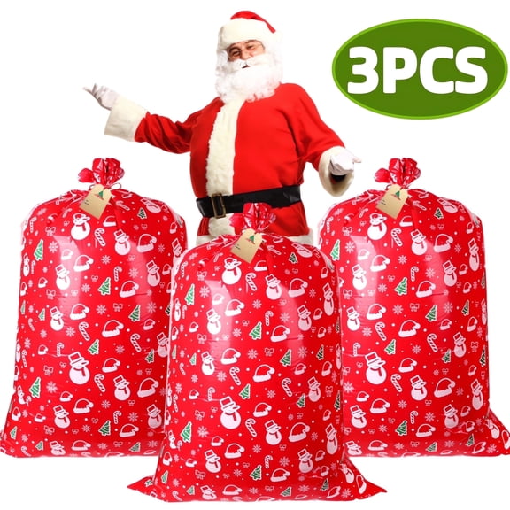 Christmas Large Gift Bags Xmas Plastic Gift Bags with Tags Jumbo Gift Bag Santa Claus Gift Bag 36*56 in 3pcs Red