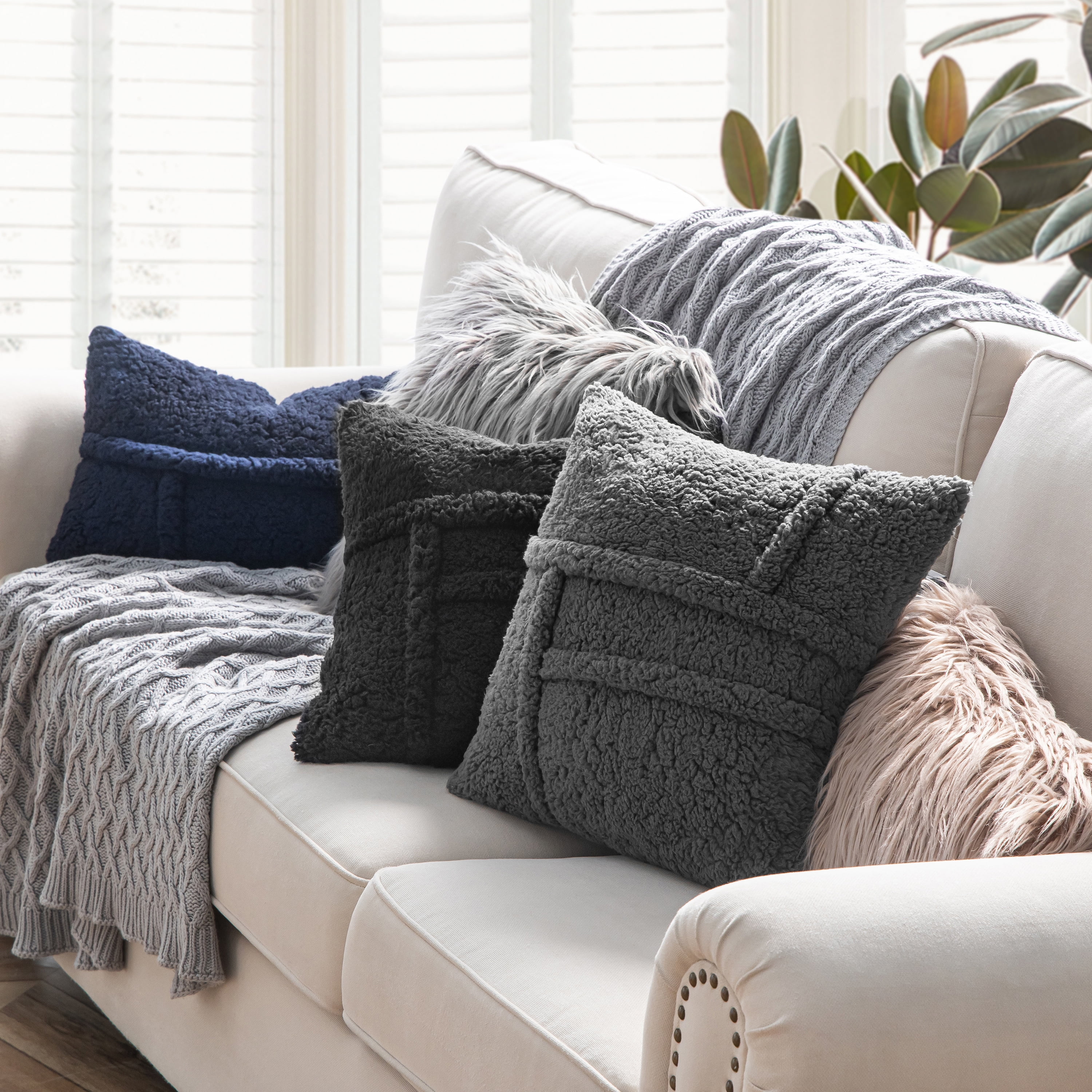 Phantoscope Soft Fluffy Sherpa series Throw Pillow with Insert Faux Fur Decorative Cushion, Navy, 12 x 20 Inches, 2 Pack