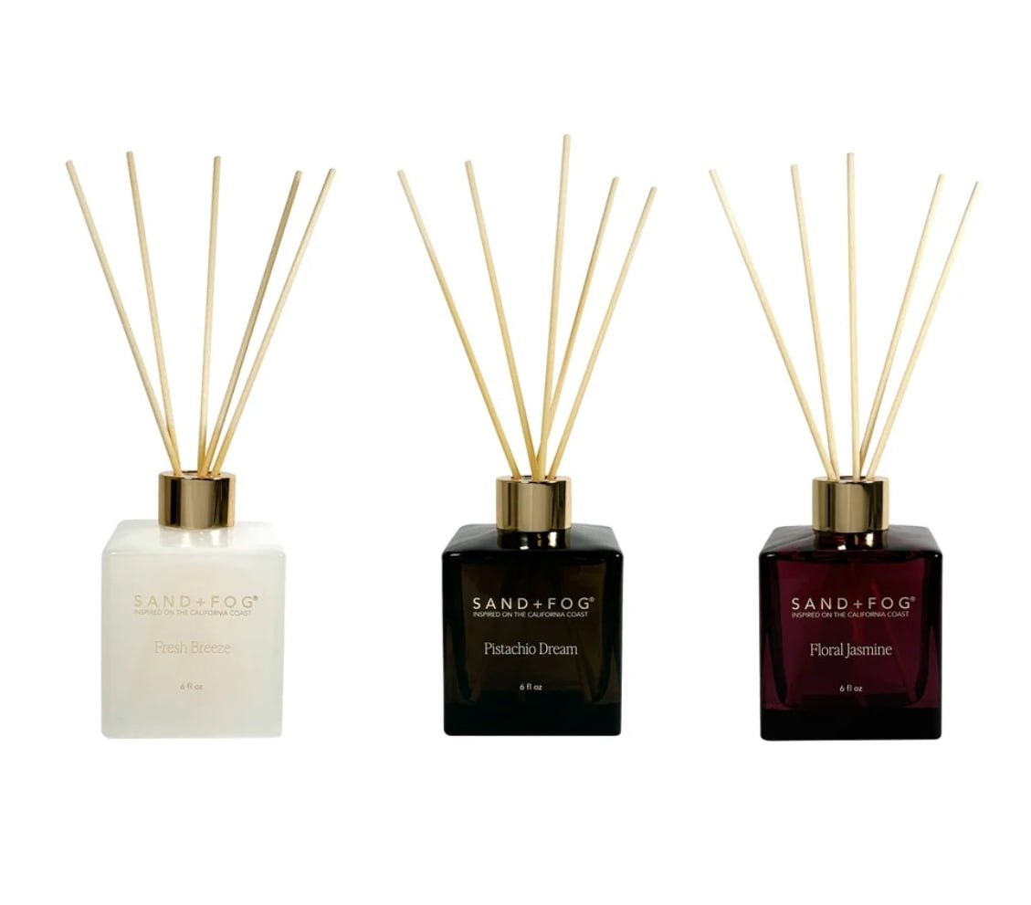 Sand + Fog Reed Diffuser Set Variety, 6 Fluid Ounce - Floral Jasmine, Fresh Breeze, Pistachio Dream (15 Reeds Included)