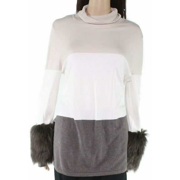 Alfani Womens Faux Fur Cuff Pullover Sweater, Beige, Large