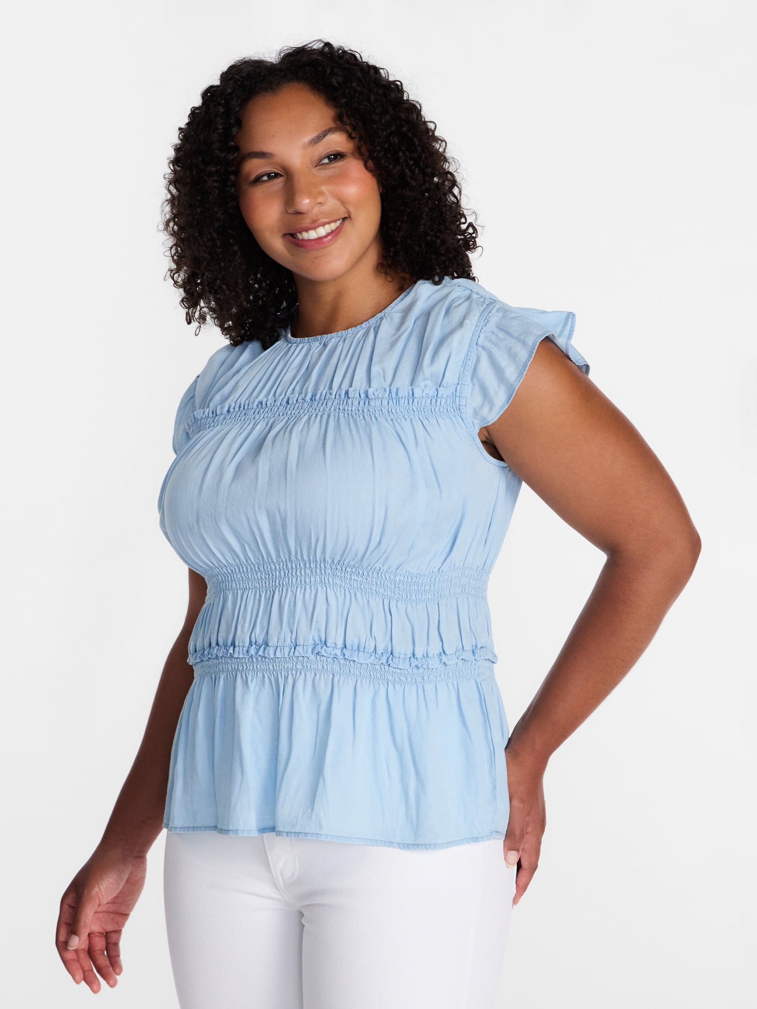 Time and Tru Women's Sleeveless Smocked Top with Ruffle Trim, Sizes XS-XXXL