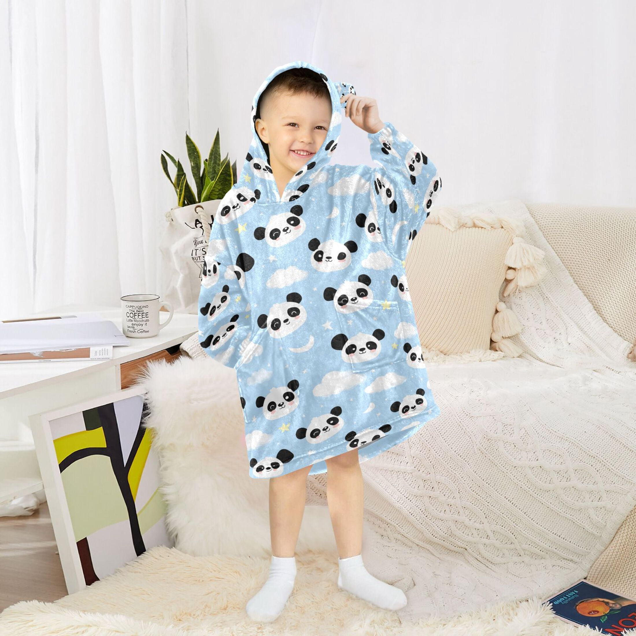Wearable Blanket Hoodie for Cute Panda Clouds and Stars Flannel Hooded Blanket with Pockets and Sleeves Suitable