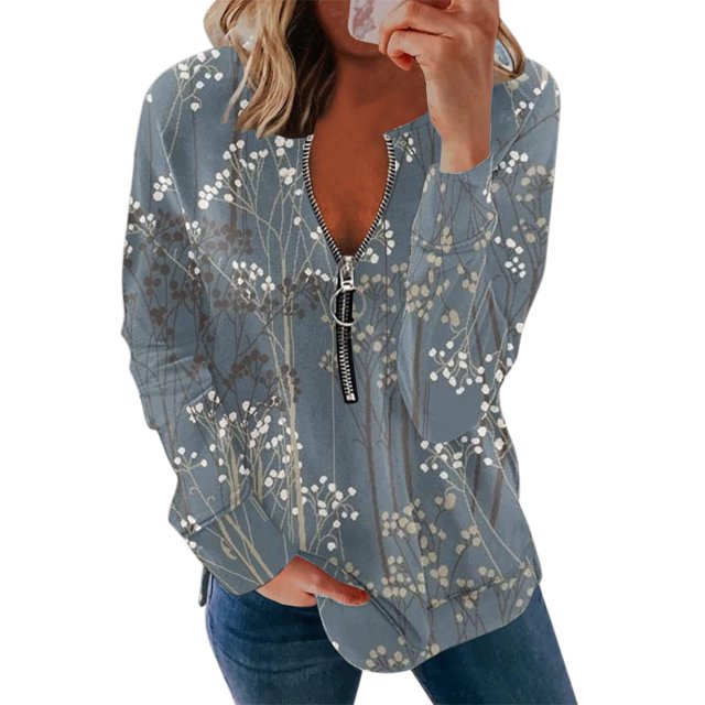Tops de Entrenamiento Para Mujer, Tops de Otoño, Manga Larga, Cremallera, Cuello en V, Jersey Con Estampado Floral, Sudadera de Gran Tamaño, Blusas Tipo Túnica Holgadas Odeerbi ODB178976