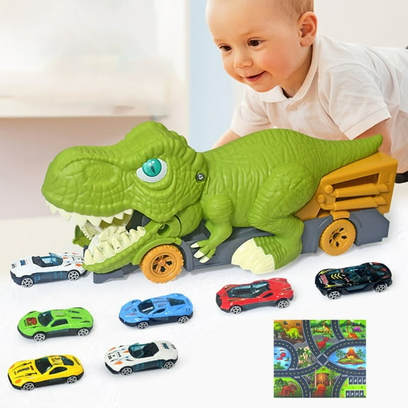 Usloyux Kids Toys Under $5 Dinosaur Car Toy Set with 6 Pull Back Cars,Birthday Gifts Toys for 3 4 5 Year Old Boy, Transport Carrier Truck for Toddlers 3-6 Years