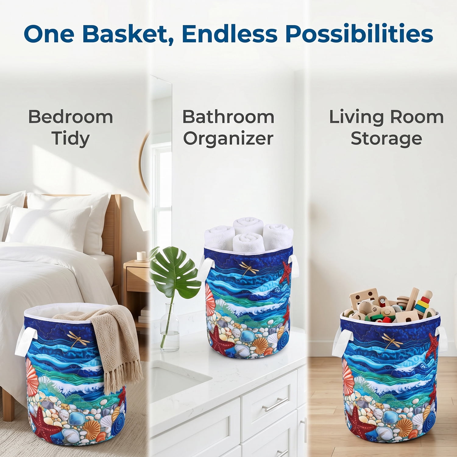 Yucurem Boho Fabric Floral Storage Hamper with Handle, Quilted Laundry Basket for Nursery Bedroom Laundry Room Clothes Toys (Starfish)