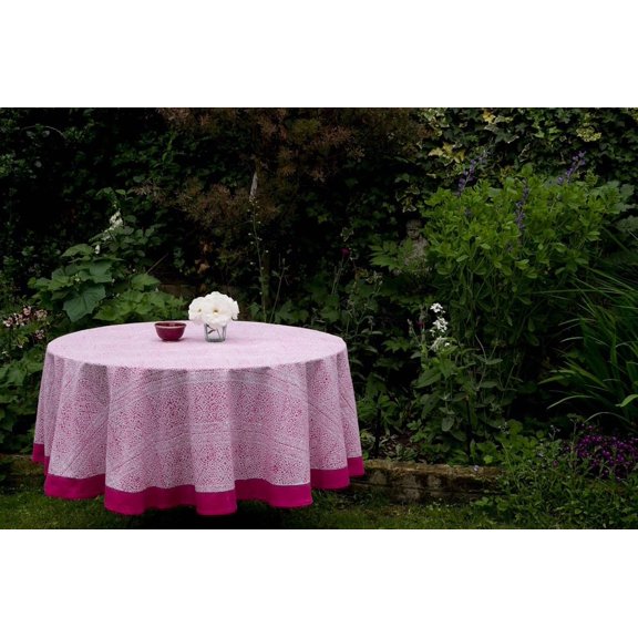 Simp Lord Tablecloths ROUND - Deep Pink design on Off White, 60 in Round - Standard Edge