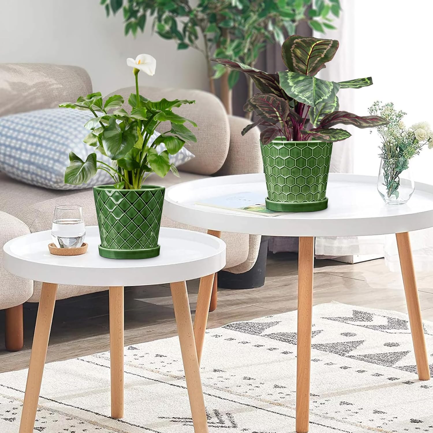 BUYMAX Plant Pots Indoor –6 inch Ceramic Flower Pot with Drainage Hole and Ceramic Tray - Gardening Home Desktop Office Windowsill Decoration, Set of 2(Patina)