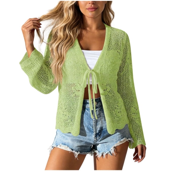 Women's Tie Front Crochet Boho Beach Hollow Out Lace Cover Up Lightweight Long Sleeve Cardigan Sweaters Beach Trnedy Vacation Crochet Cover Up