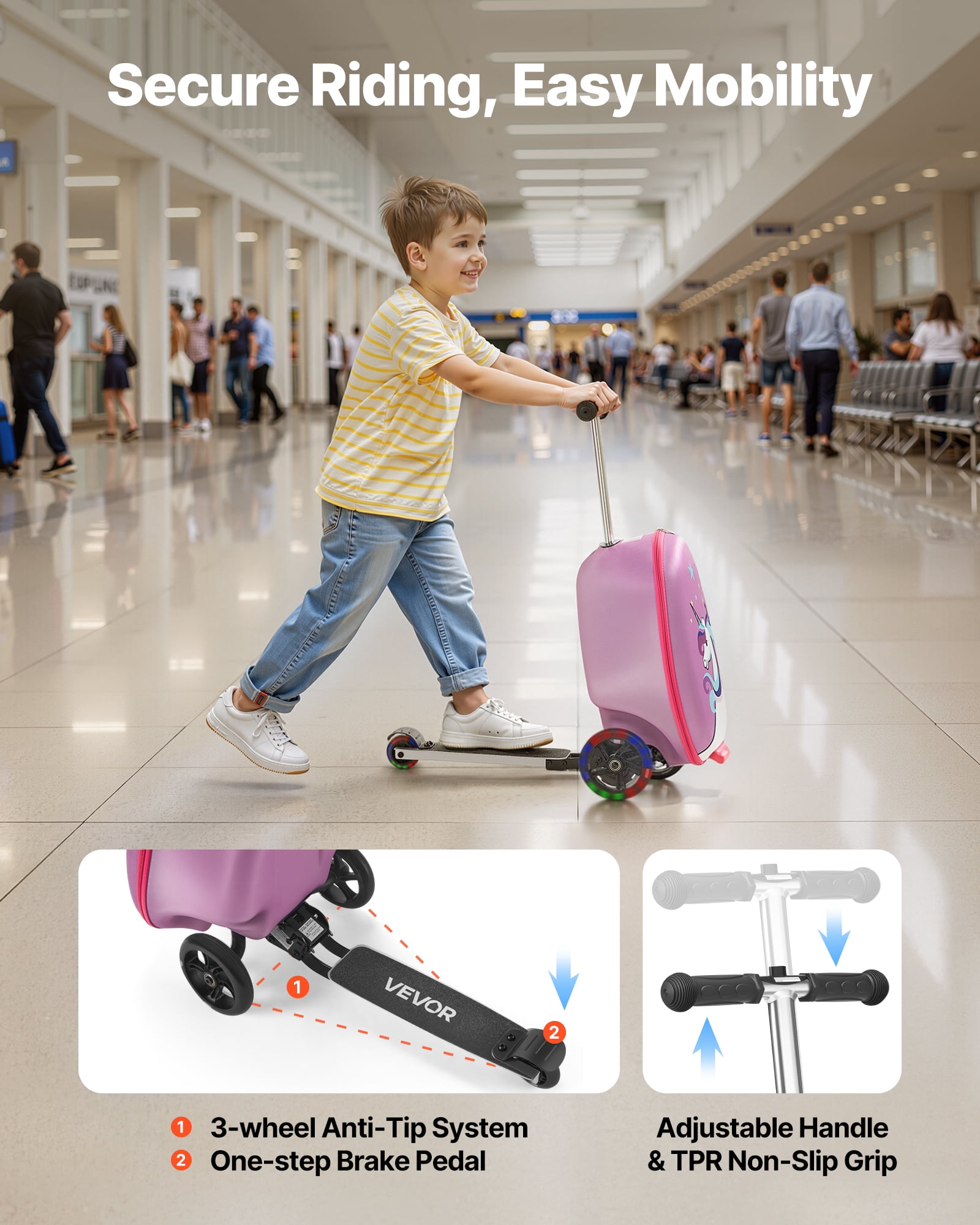 VEVOR Ride-on Luggage, 20 L Capacity, 20 Inches Kids Scooter Suitcase with Flash PU Wheels, Adjustable Handle & TPR Non-Slip Grip, Foldable & Lightweight Scooter Luggage for Kids Aged 5+, Purple