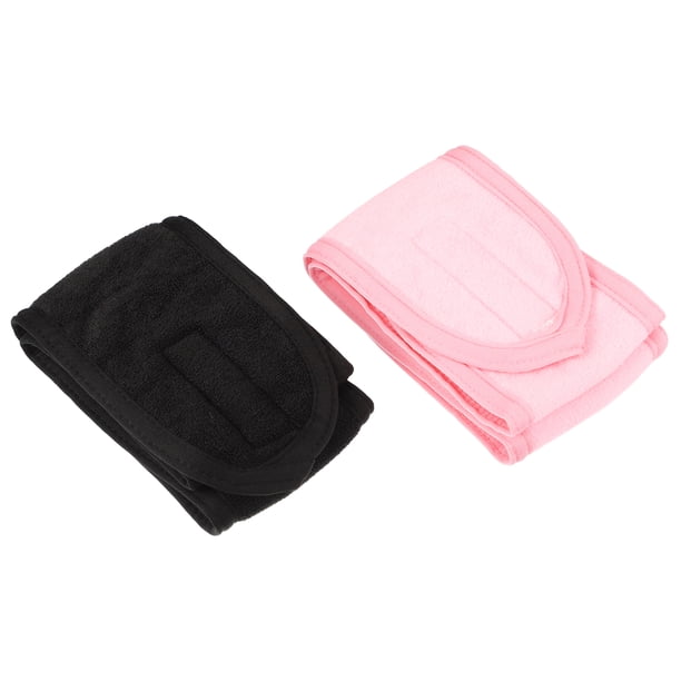 Unique Bargains 2 uds Toallas diademas maquillaje bandas para el cabello Spa Yoga para mujeres con cinta autoadhesiva rosa negro