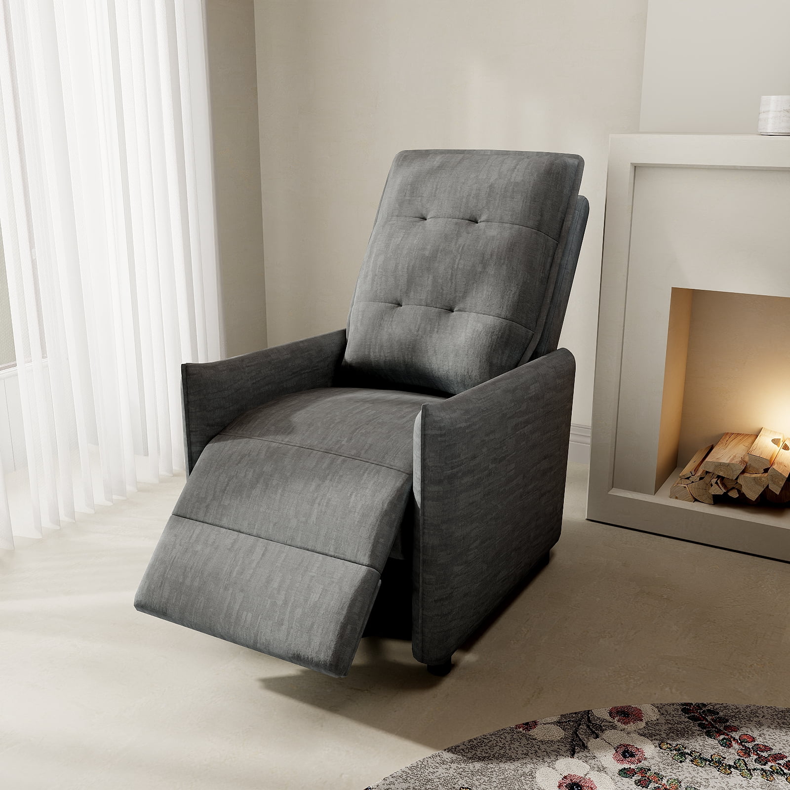 Chenille Fabric Recliner Chair with Manual Push Back Recline, Overstuffed High-Density Foam & Metal Frame, Adjustable Footrest for Living Room, Gray
