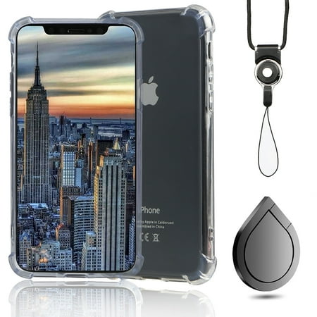 - Crystal Clear Soft TPU Back Case+Finger Ring Phone Stand+Neck Strap for iPhone 8