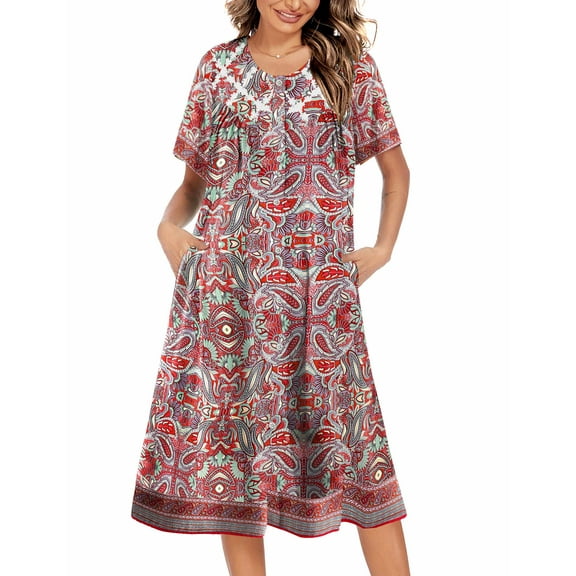 Ekouaer House Dress for Women Button Down Nightgown Short Sleeve Housecoat with pockets