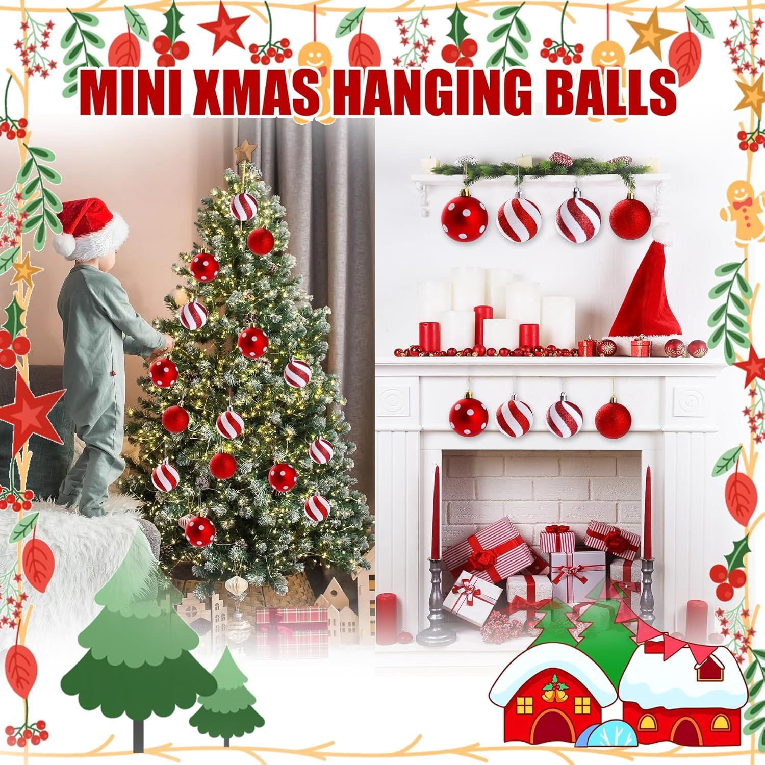 2Pcs Peppermint Candy Ornaments, Candy Cane Balls, Red & White Hanging Stripes - Christmas Tree Ornaments for Xmas Party & Indoor/Outdoor Holiday Home Decorations