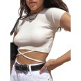 thumbnail image 4 of Faithtur Femmes de Couleur Unie Short Top Simple Slim Côtelé T-Shirt Tops, 4 of 7