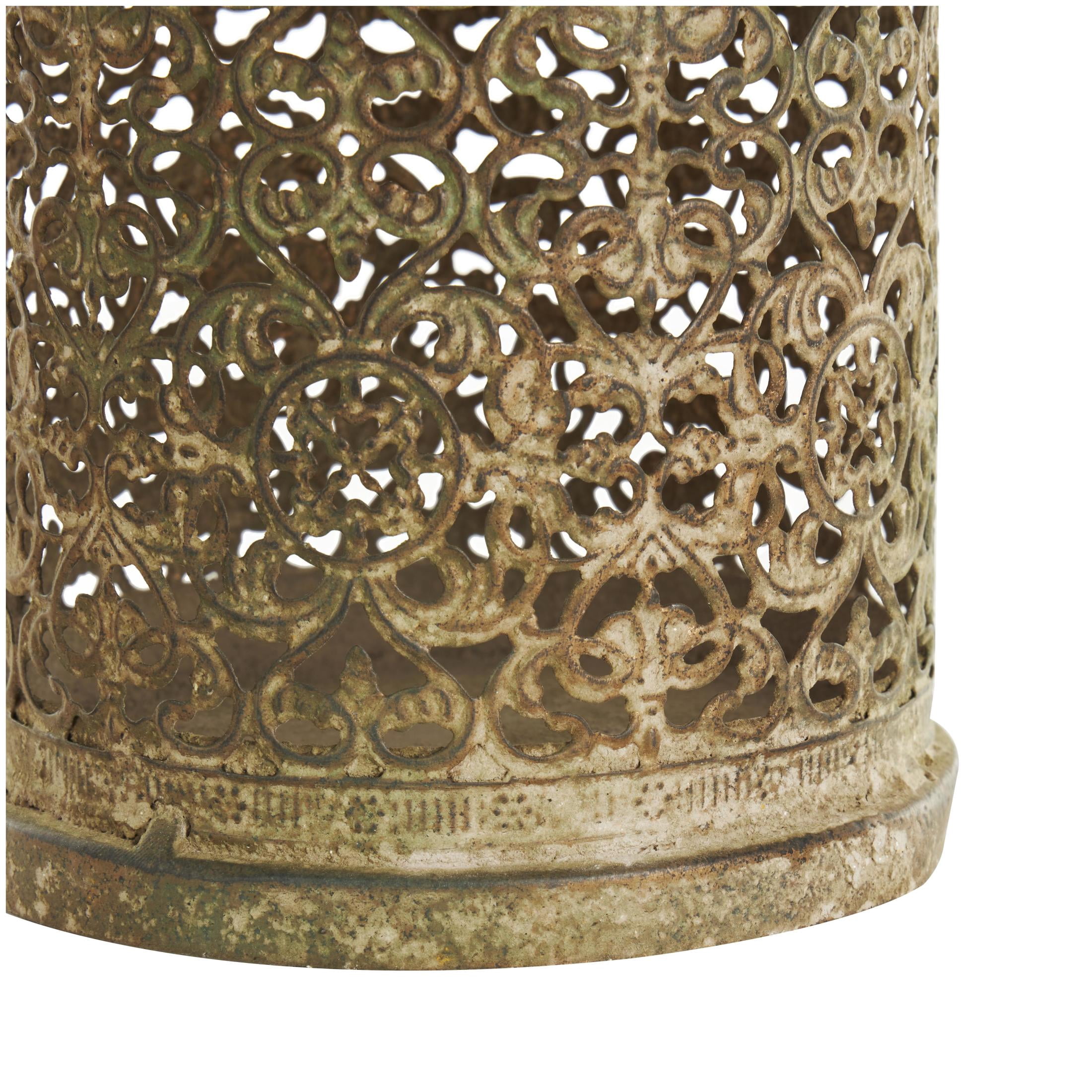DecMode 2 Holder Brown Metal Scroll Distressed Vintage Inspired Ornate Candle Lantern, Set of 2