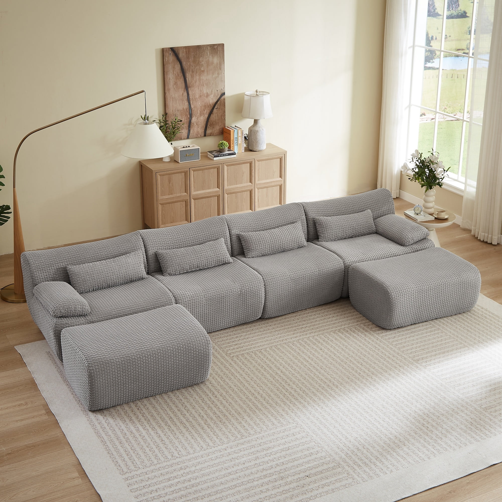 Modern U-Shaped No Assembly Floor 4-Seater Sectional Sofa, Cloud-Like Boneless Upholstered Couch with 2 Ottomans, Living Room Modular Sofa Set