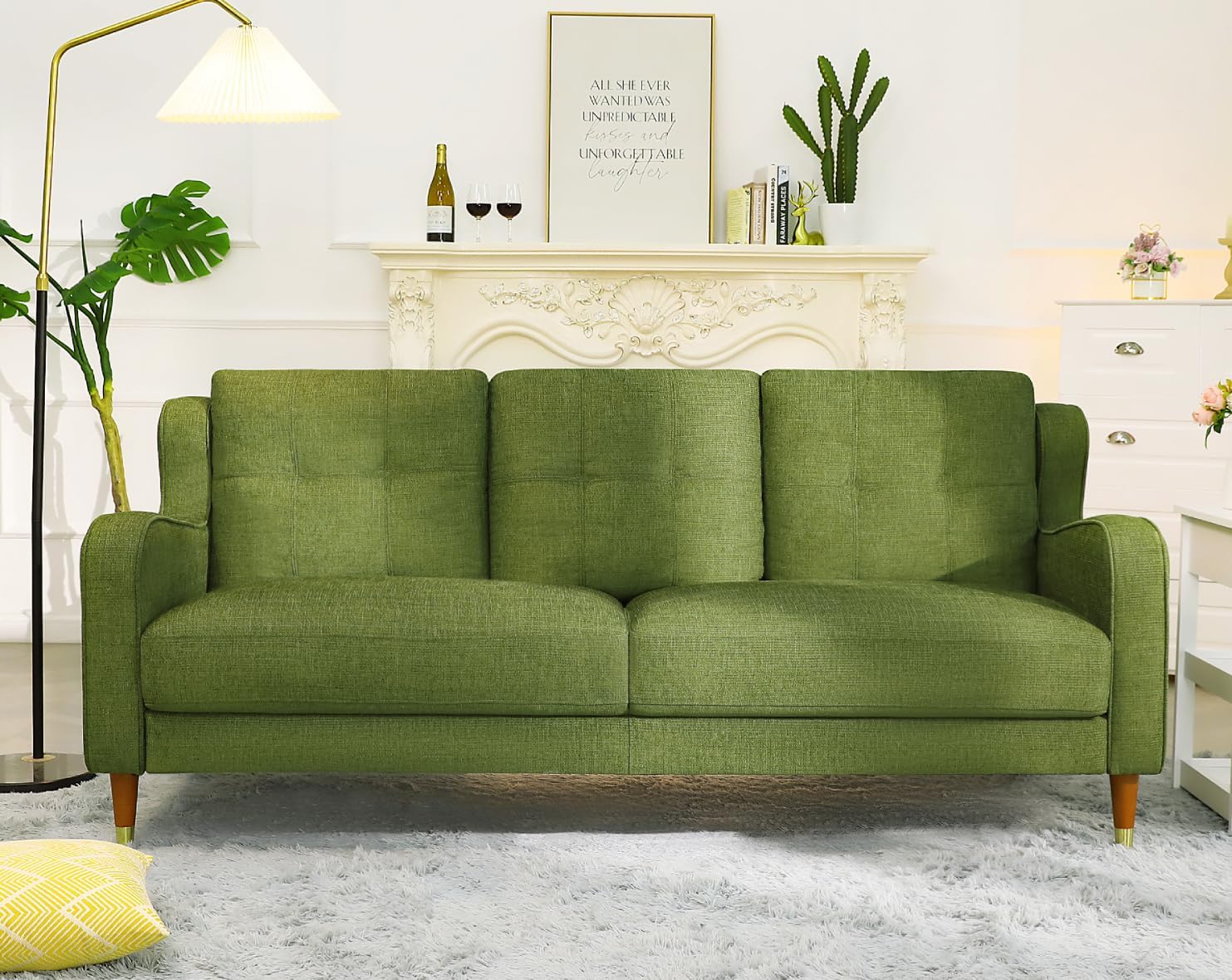 Farmdex 76-Inch Mid-Century Modern 3-Seater Sofa Couch with Spring Support, Linen Fabric, Solid Wood Legs, Ideal for Living Room, Dorm, and Bedroom Green