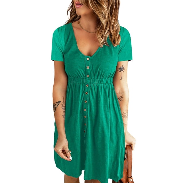 Gspmoly Robes Grande Taille pour Femmes aux Formes, Mode Femme Décontractée Confortable Unie à Manches Courtes Col Rond Bouton Robe Longueur Genou Robes Formelles pour Femmes jusqu'à 70 % de Rabais