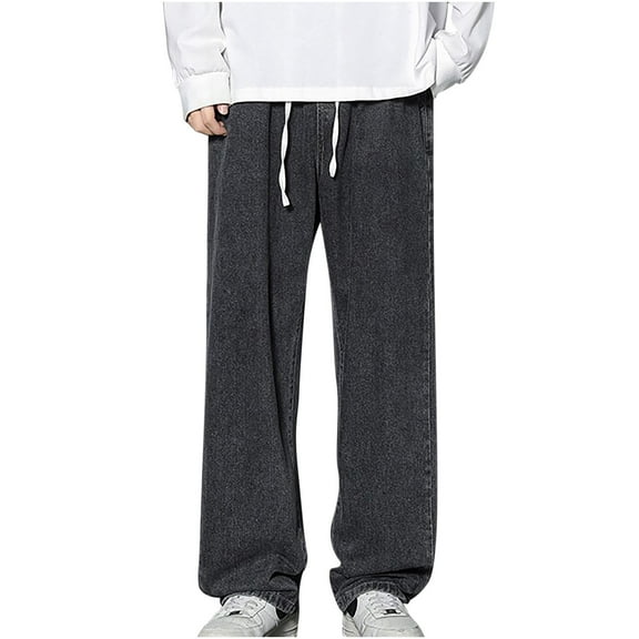 ohmzyzo Men's Straight Leg Jeans Casual Drawstring Elastic Waist Denim Pants Lightweight Carpenter Jean