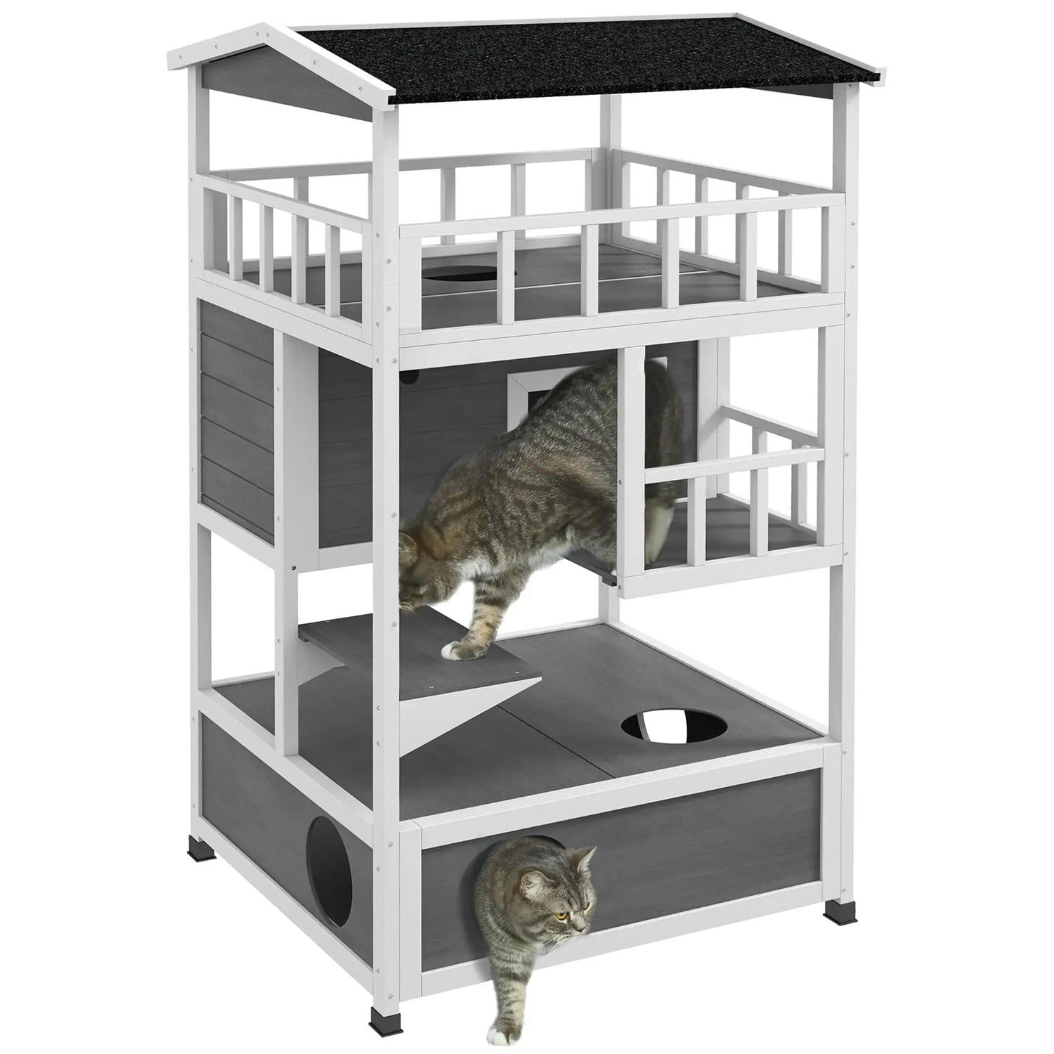 Pefilos Outdoor Weatherproof Cat House with Asphalt Roof, Escape Door, Jumping Platform, Wooden Feral Shelter for Cats and Small Animals, Gray