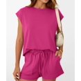 thumbnail image 5 of Womens Crew Neck Two Piece Short Sets Cap Sleeve Drawstring Summer Sweatsuit with Pocket Rose Red L, 5 of 9
