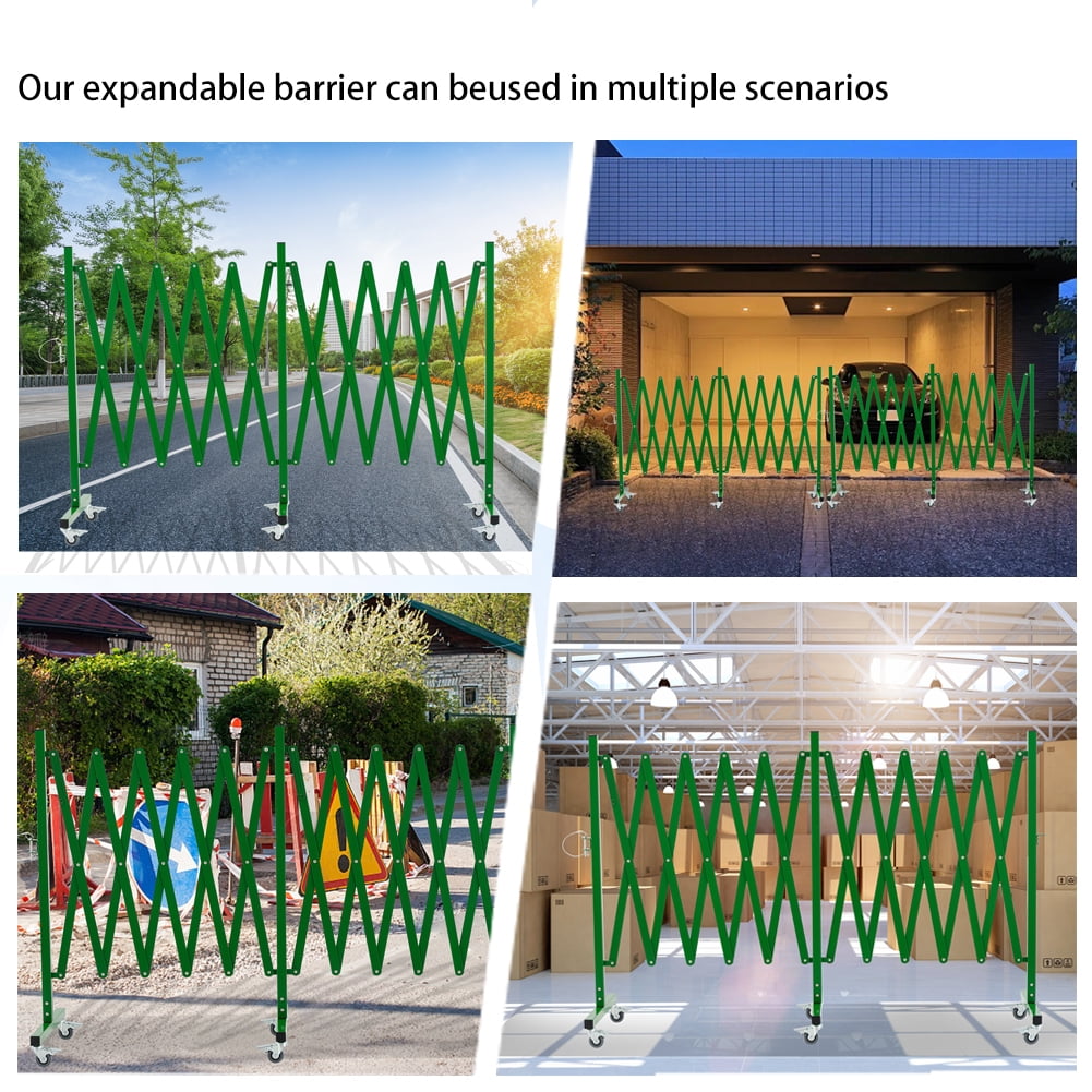 Industrial Expandable Metal Barricade, 16 FT, Green, Portable Safety Barrier with Casters, Flexible Fence Mobile Barrier Gate