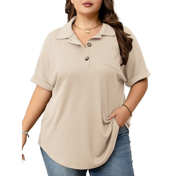 Cuteduck Womens Plus Size Casual Henley Waffle Knit Button-Up Top Short Sleeve Polo Shirt 1X-5X