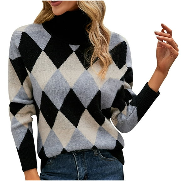 Women's Turtleneck Knit Sweater Long Sleeve Plaid Fall Winter Sweaters Casual Comfy Pullover Knitwear Tops