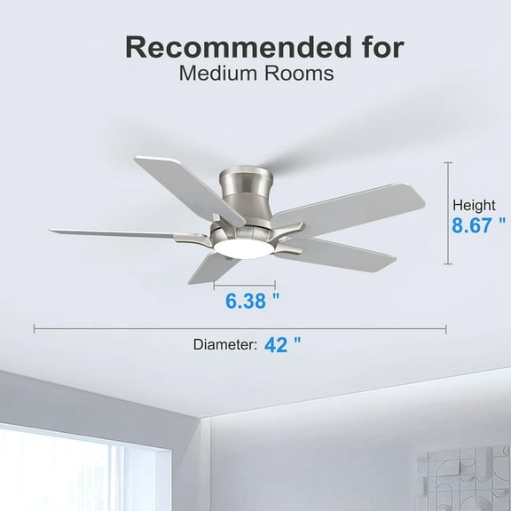 42 Inch Ceiling Fans with Lights and Remote, Brushed Nickel Flush Mount Low Ceiling Fan for Bedroom, Living Room, , Dimmable 6 Speeds Noiseless Reversible, ETL Listed