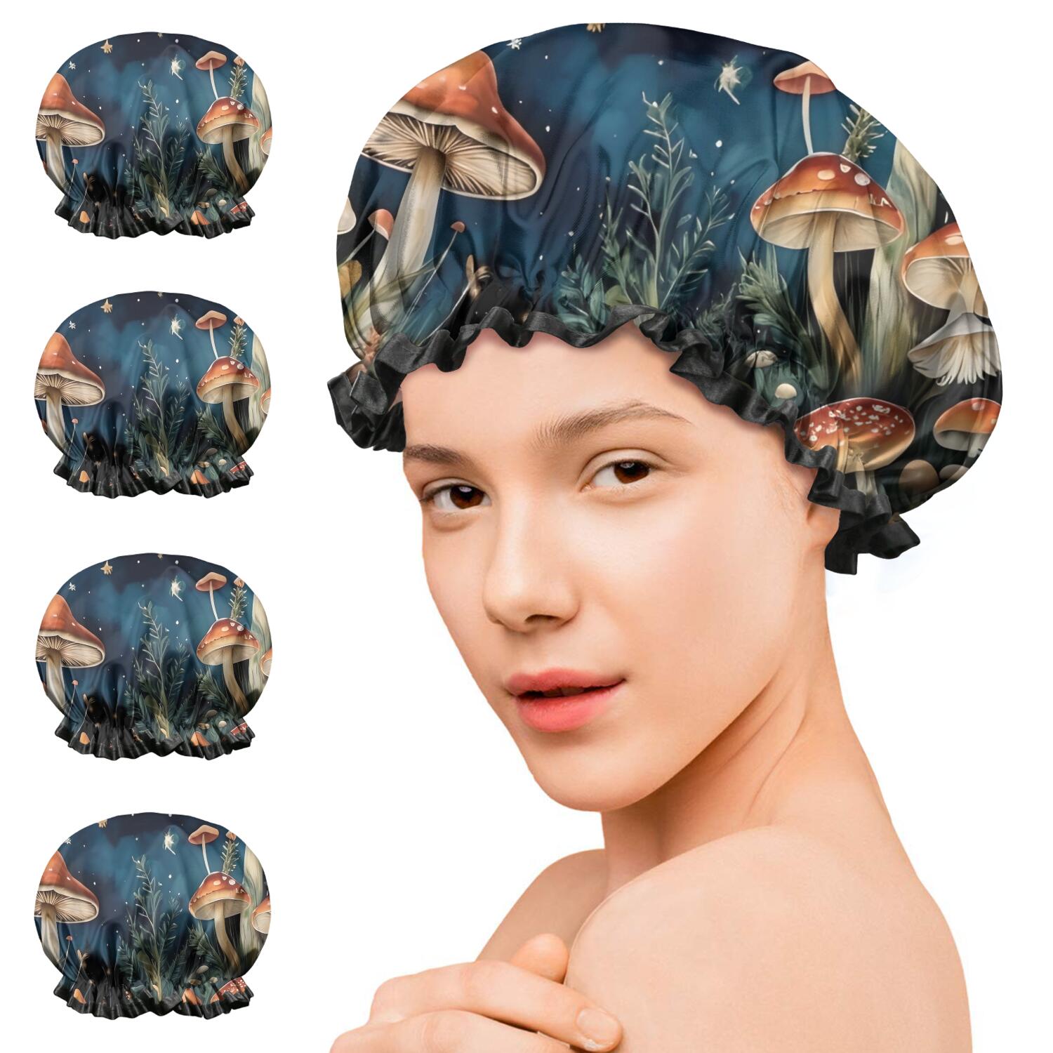 Shower Caps,Colorful Mushroom Eye Black Pattern Waterproof Shower Cap for Women 4 Pieces,Double Reusable Hair Cover for Shower PEVA Elastic Stretch Hem