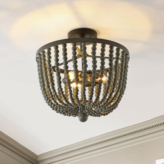 JONATHAN Y Drift Wood Bead 16" 3-Light Bohemian Farmhouse Iron LED Semi Flush Mount, Oil Rubbed Bronze/Grey, JYL9902A