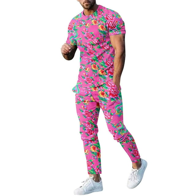 Costumes pour Hommes / Catégorie de Produits spotlight Ensembles de Costume pour Hommes Printemps et Automne Floral T-Shirt à Manches Longues avec Col Rond et Bas Coordonnés Tendance Mode Moderne