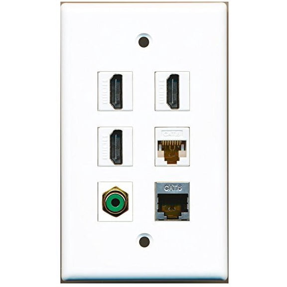 RiteAV - 3 HDMI 1 Port RCA Green 1 Port Shielded Cat6 Ethernet 1 Port Cat6 Ethernet White Wall Plate