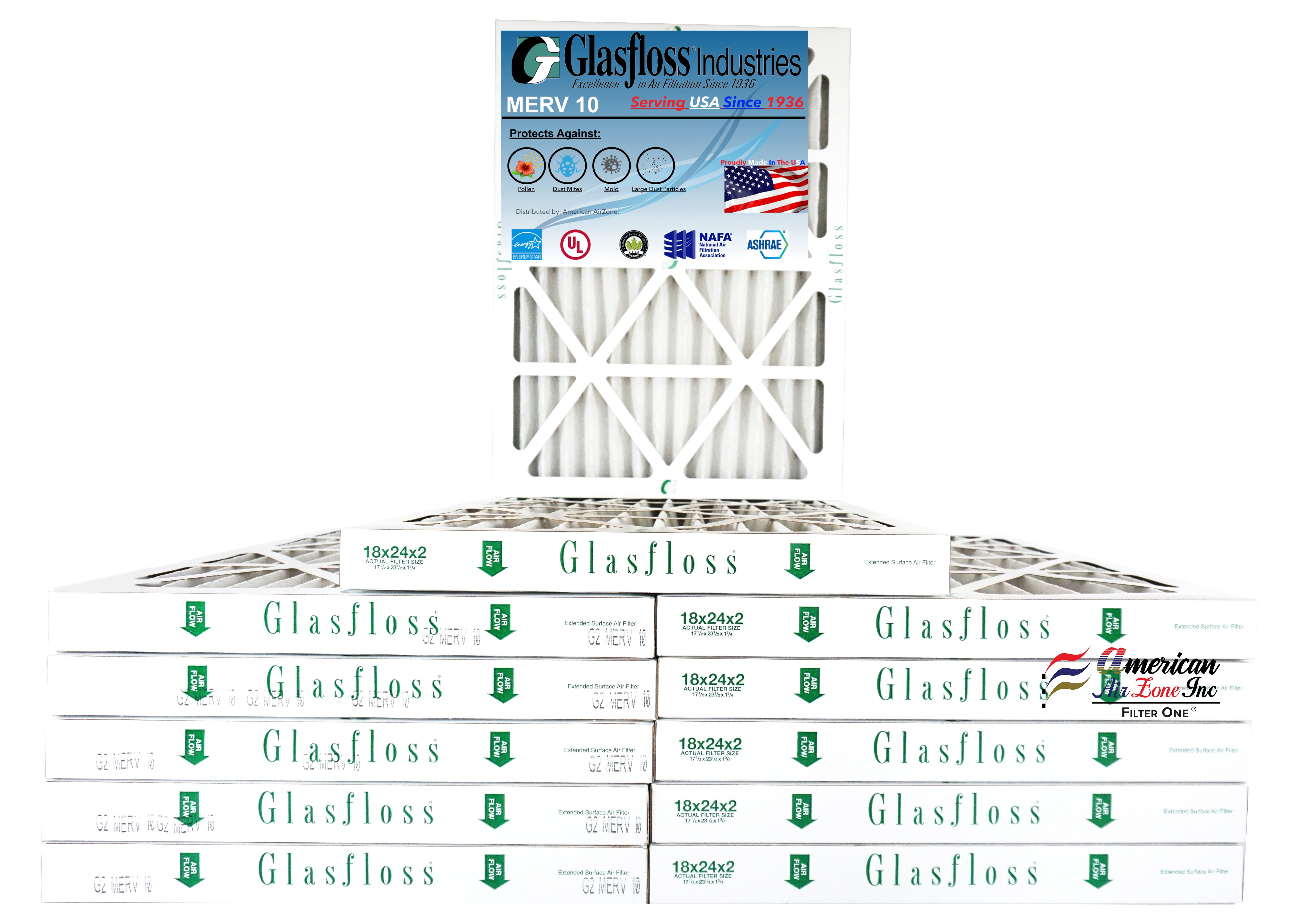 Glasfloss Air Filter 18x24x2 2" MERV 10 (Pack of 12) Pleated AC or HVAC Air Filter