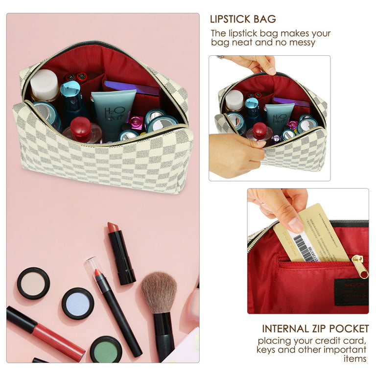 Aokur Makeup Bag Cosmetic Bag Travelling Checkered Make Up Bag Organizer  for Women Girls Reusable Toiletry Bags Beige