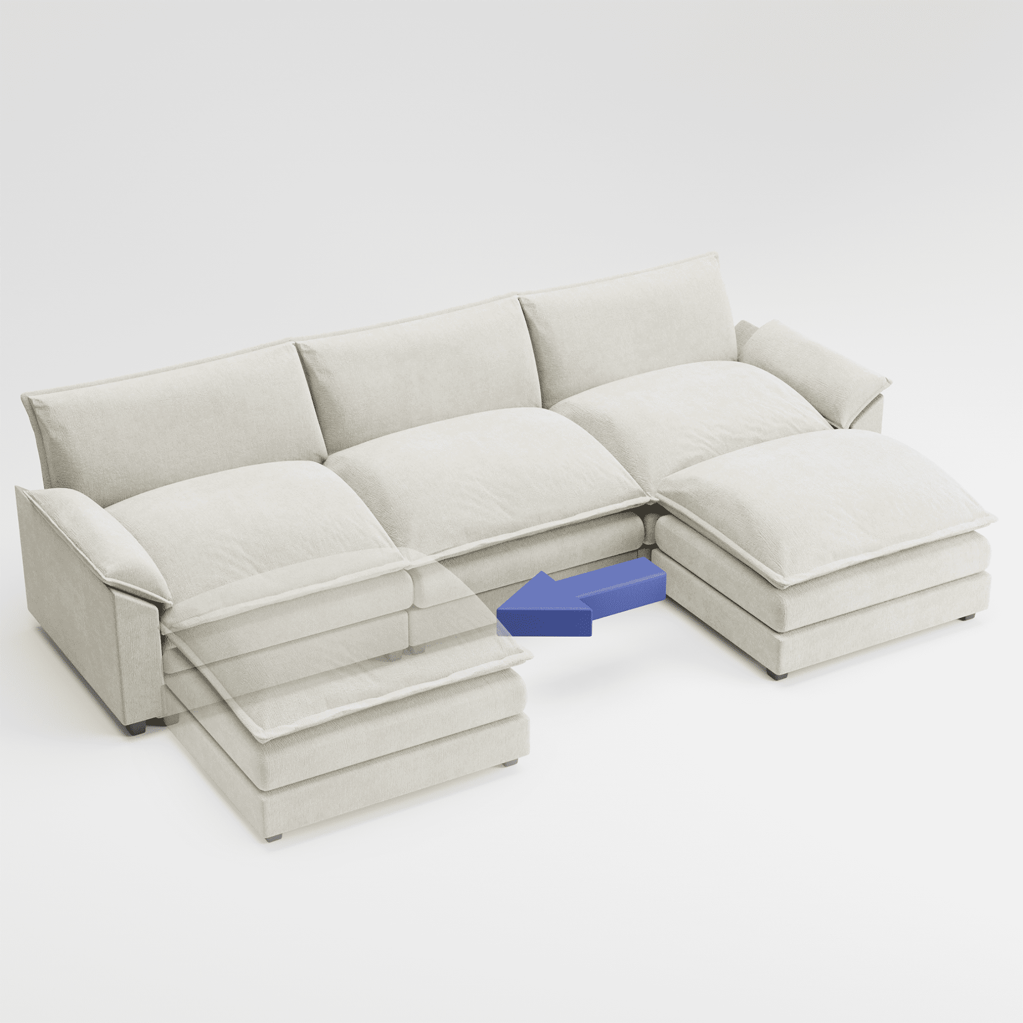 Homall 3-seat L-shaped Cloud Couch Sectional Sofa with reversible toffee chair Movable Footrest Sofa, White