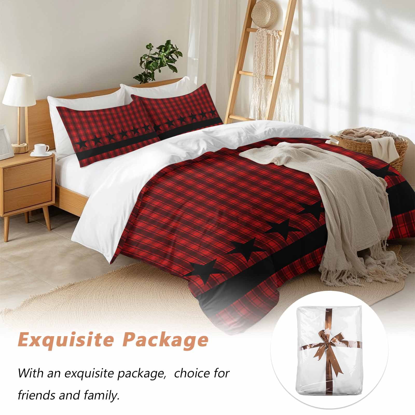 Red Black Plaid Bedding 3 Piece Duvet Cover Set California King, Country Vintage Star Abstract Gingham Soft Microfiber Comforter Cover with Zipper Closure & Pillowcases, FadeResistant Quilt Cover