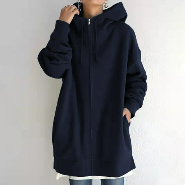 Meichang Womens Fall Winter Warm Zipper Open Fleece Hoodies Sweatshirt Long Jacket Drawstring Coat Jacket Tops Outwear Plus Size
