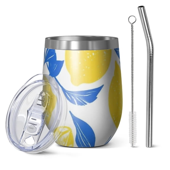 12oz Stemless Wine Tumblers Lemon Vacuum Insulated Stainless Steel Travel Tumbler Cups Mug with Lid and Straw for Champaign,Cocktail,Beer with Cleaning Brush