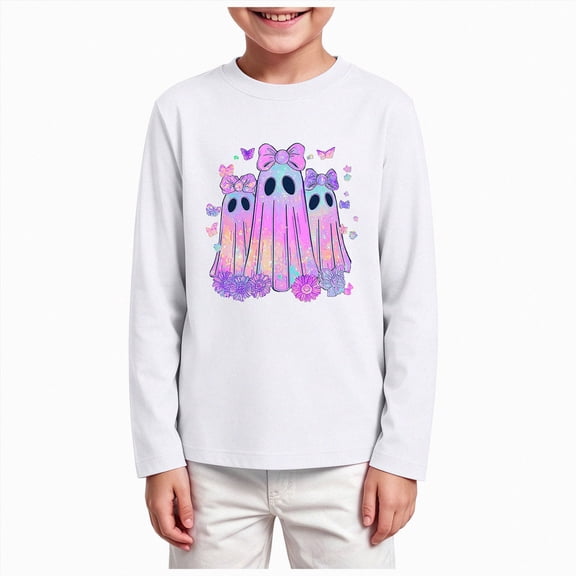 KPOPLK Halloween T-Shirt for Kids Funny Pattern Long Sleeve Ghost Graphic Tee Tops for Girls Boys(9-10 Years,White)