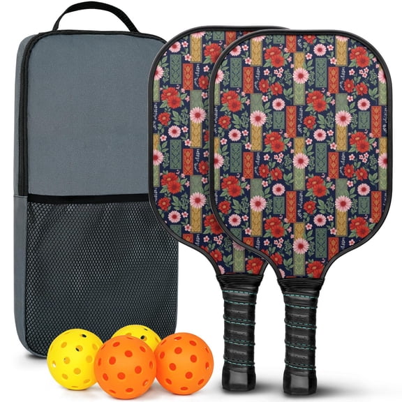 Pickleball Paddles Set,Pioneer Flower Floral Print Pattern Fiberglass Surface Pickleball Racket Set with 2 Indoor Outdoor Pickleball Balls and Pickleball Bag,Pickle-ball Equipment