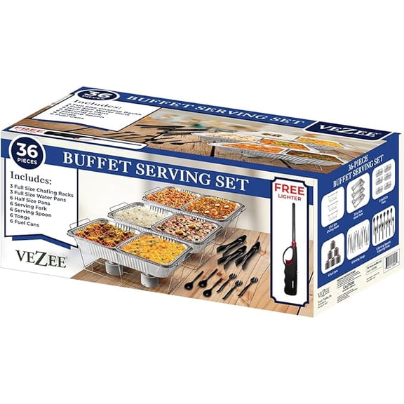 VeZee Chafing Dish Buffet Party Set 36 pc with Servers and Warmers, Serving Kit Includes Fuel, Wire Racks, Foil Pans