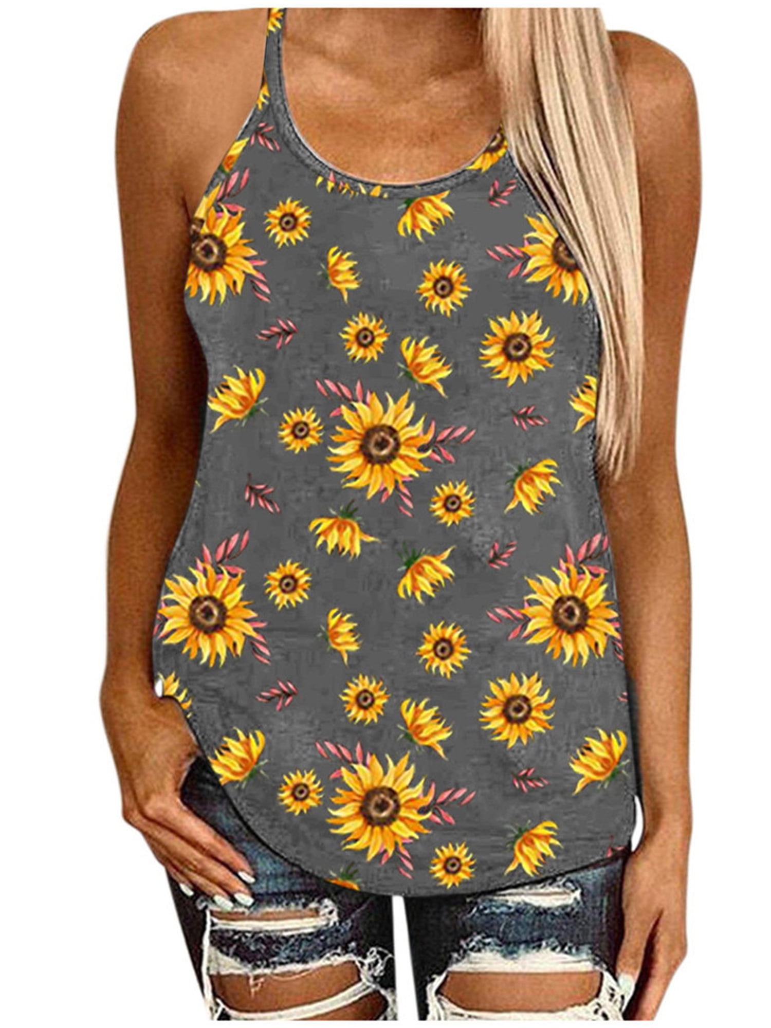 Sunflower Tank Tops for Women Summer Criss Cross Casual Backless Spaghetti Strap Shirts Strappy Sleeveless T-Shirt